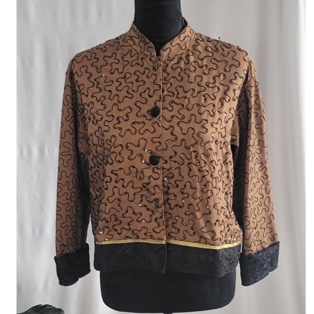 Globe Trotter Bali Brown Embroidered Sequin Mandarin Collar Jacket XS Rayon